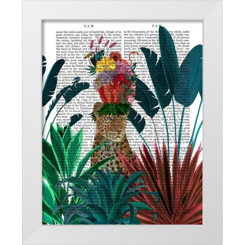 Leopard with Headdress White Modern Wood Framed Art Print by Fab Funky