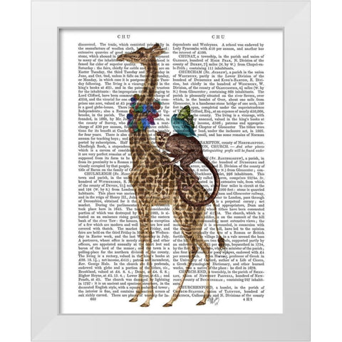 Giraffe and Monkey White Modern Wood Framed Art Print by Fab Funky