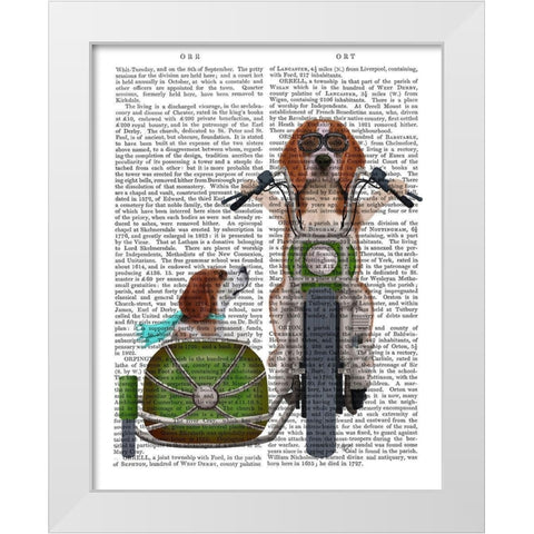 Beagle Chopper and Sidecar White Modern Wood Framed Art Print by Fab Funky