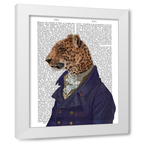 Leopard in Blue Jacket White Modern Wood Framed Art Print by Fab Funky