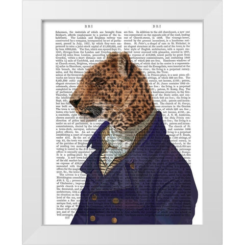 Leopard in Blue Jacket White Modern Wood Framed Art Print by Fab Funky
