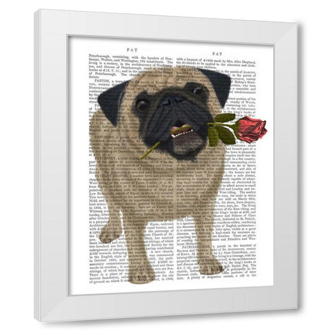 Pug and Rose White Modern Wood Framed Art Print by Fab Funky