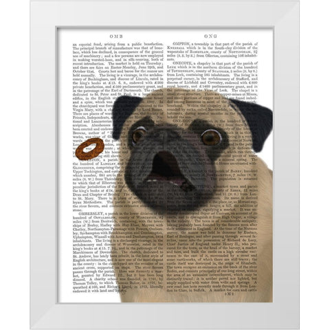Pug, Catch 1 White Modern Wood Framed Art Print by Fab Funky