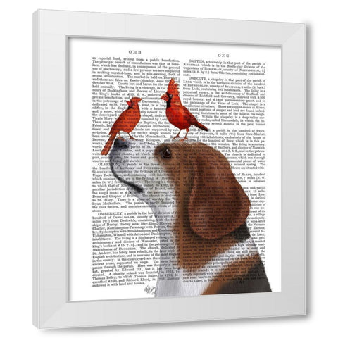 Beagle and Red Cardinals White Modern Wood Framed Art Print by Fab Funky