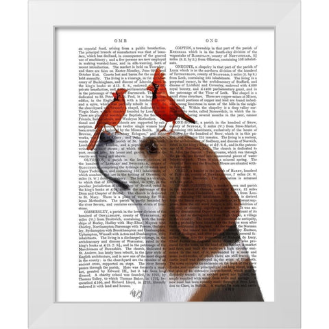 Beagle and Red Cardinals White Modern Wood Framed Art Print by Fab Funky
