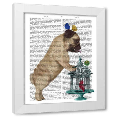 Pug and Birdcage White Modern Wood Framed Art Print by Fab Funky