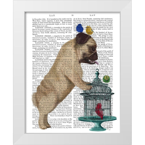 Pug and Birdcage White Modern Wood Framed Art Print by Fab Funky