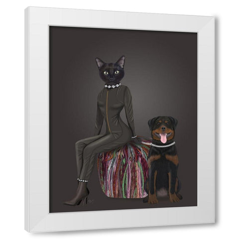 Black Cat and Rottweiler White Modern Wood Framed Art Print by Fab Funky