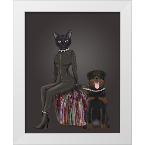 Black Cat and Rottweiler White Modern Wood Framed Art Print by Fab Funky