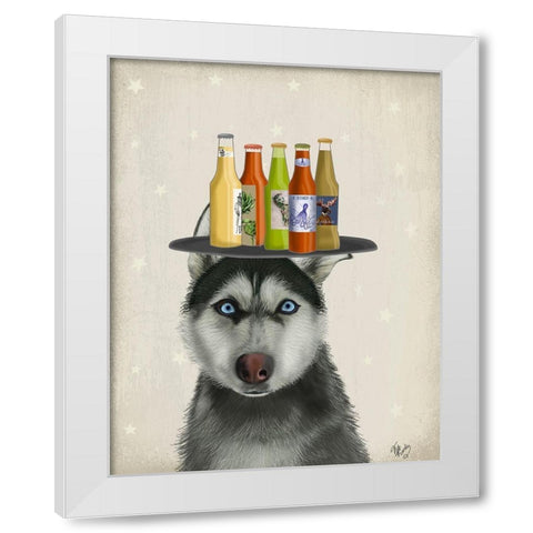 Husky 2 Beer Lover White Modern Wood Framed Art Print by Fab Funky