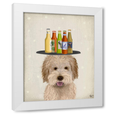 Labradoodle Gold 1 Beer Lover White Modern Wood Framed Art Print by Fab Funky