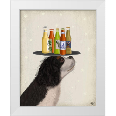 King Charles Spaniel Black White Beer Lover White Modern Wood Framed Art Print by Fab Funky
