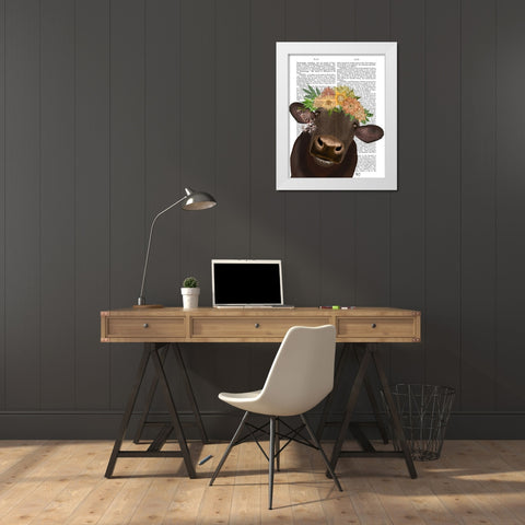Cow with Flower Crown 1 Book Print White Modern Wood Framed Art Print by Fab Funky