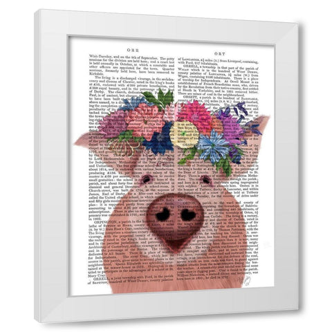 Pig and Flower Crown Book Print White Modern Wood Framed Art Print by Fab Funky