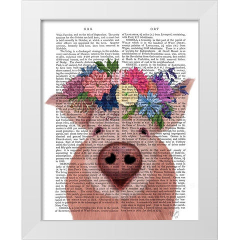 Pig and Flower Crown Book Print White Modern Wood Framed Art Print by Fab Funky