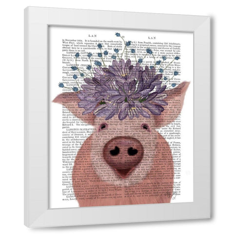 Pig and Lilac Flowers Book Print White Modern Wood Framed Art Print by Fab Funky