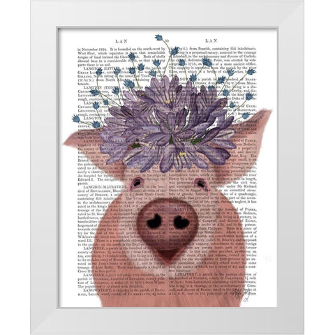 Pig and Lilac Flowers Book Print White Modern Wood Framed Art Print by Fab Funky