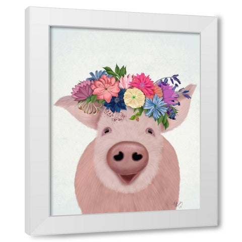 Pig and Flower Crown White Modern Wood Framed Art Print by Fab Funky