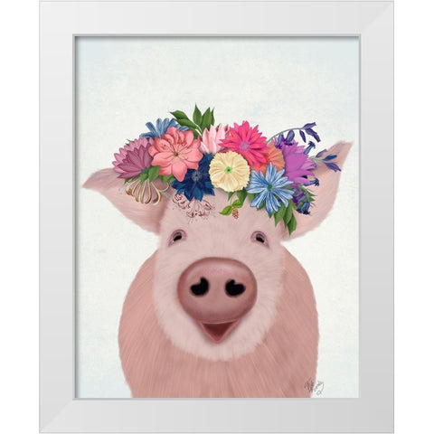 Pig and Flower Crown White Modern Wood Framed Art Print by Fab Funky