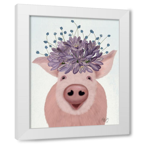Pig and Lilac Flowers White Modern Wood Framed Art Print by Fab Funky