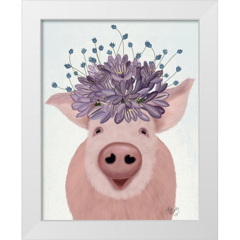 Pig and Lilac Flowers White Modern Wood Framed Art Print by Fab Funky