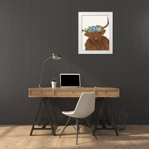 Highland Cow with Flower Crown 2, Portrait White Modern Wood Framed Art Print by Fab Funky
