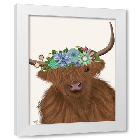 Highland Cow with Flower Crown 2, Portrait White Modern Wood Framed Art Print by Fab Funky