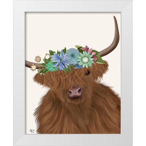 Highland Cow with Flower Crown 2, Portrait White Modern Wood Framed Art Print by Fab Funky