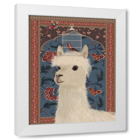 Llama and Birdcage White Modern Wood Framed Art Print by Fab Funky