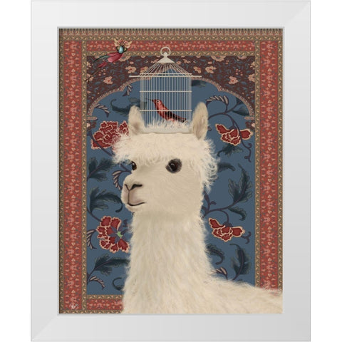 Llama and Birdcage White Modern Wood Framed Art Print by Fab Funky