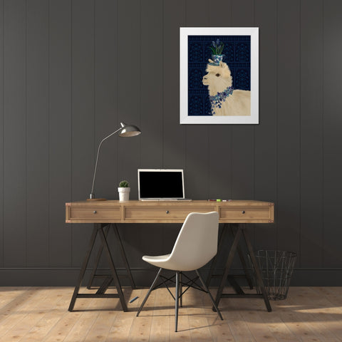 Llama Teacup and Blue Flowers White Modern Wood Framed Art Print by Fab Funky