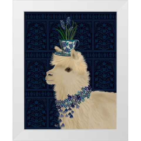 Llama Teacup and Blue Flowers White Modern Wood Framed Art Print by Fab Funky