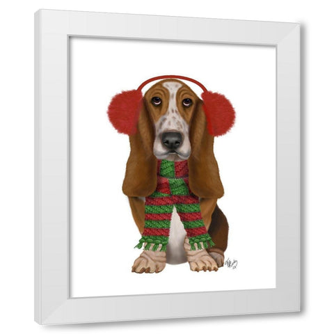 Christmas Des - Basset Hound and Ear Muffs White Modern Wood Framed Art Print by Fab Funky