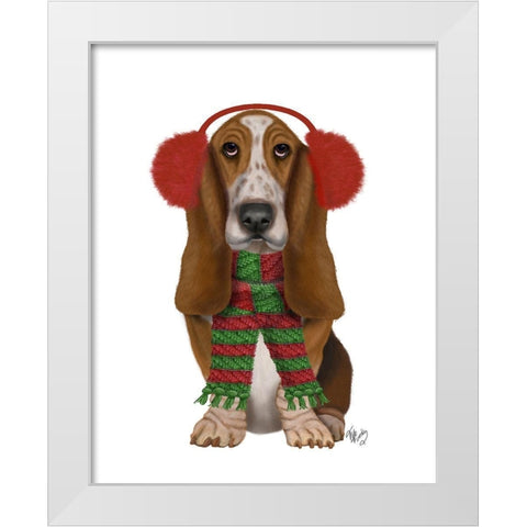 Christmas Des - Basset Hound and Ear Muffs White Modern Wood Framed Art Print by Fab Funky