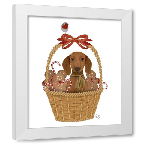 Christmas Des - Dog in Basket with Gingerbread Men White Modern Wood Framed Art Print by Fab Funky