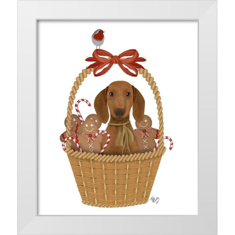 Christmas Des - Dog in Basket with Gingerbread Men White Modern Wood Framed Art Print by Fab Funky