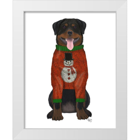 Christmas Des - Rottweiler in Christmas Sweater White Modern Wood Framed Art Print by Fab Funky