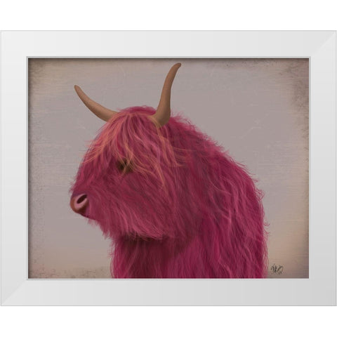 Highland Cow 4, Pink, Portrait White Modern Wood Framed Art Print by Fab Funky