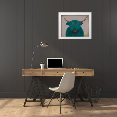 Highland Cow 3, Turquoise, Portrait White Modern Wood Framed Art Print by Fab Funky