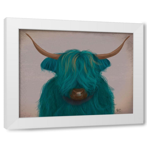 Highland Cow 3, Turquoise, Portrait White Modern Wood Framed Art Print by Fab Funky