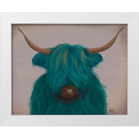 Highland Cow 3, Turquoise, Portrait White Modern Wood Framed Art Print by Fab Funky