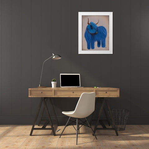 Highland Cow 2, Blue, Full White Modern Wood Framed Art Print by Fab Funky