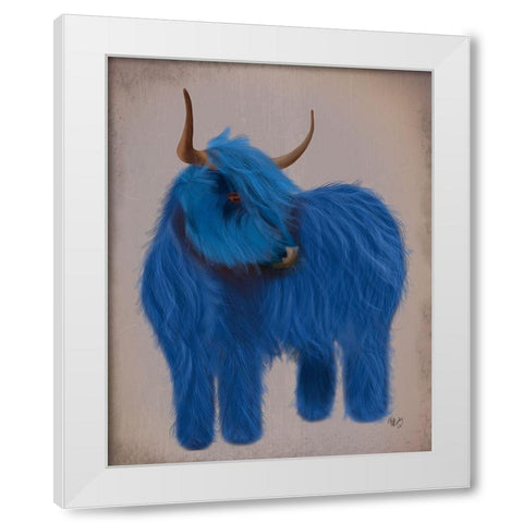 Highland Cow 2, Blue, Full White Modern Wood Framed Art Print by Fab Funky