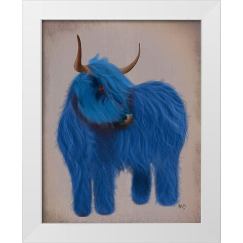 Highland Cow 2, Blue, Full White Modern Wood Framed Art Print by Fab Funky