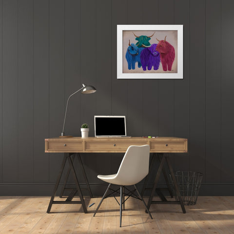 Highland Cows, Multicoloured Herd White Modern Wood Framed Art Print by Fab Funky