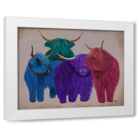 Highland Cows, Multicoloured Herd White Modern Wood Framed Art Print by Fab Funky