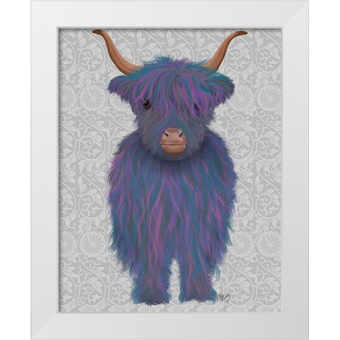 Highland Cow 7, Purple, Full White Modern Wood Framed Art Print by Fab Funky