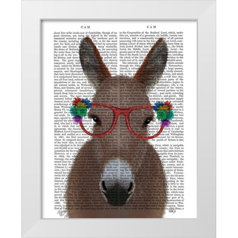 Donkey Red Flower Glasses Book Print White Modern Wood Framed Art Print by Fab Funky