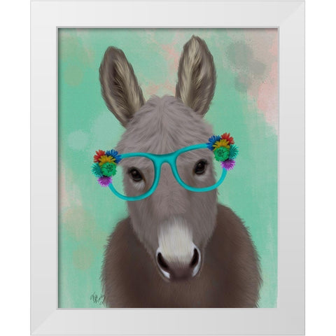 Donkey Turquoise Flower Glasses White Modern Wood Framed Art Print by Fab Funky