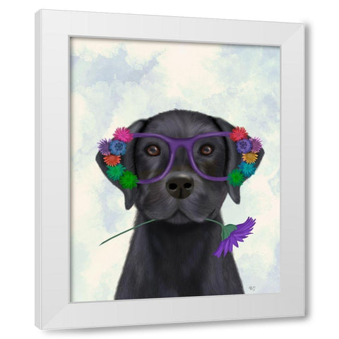 Black Labrador and Flower Glasses White Modern Wood Framed Art Print by Fab Funky